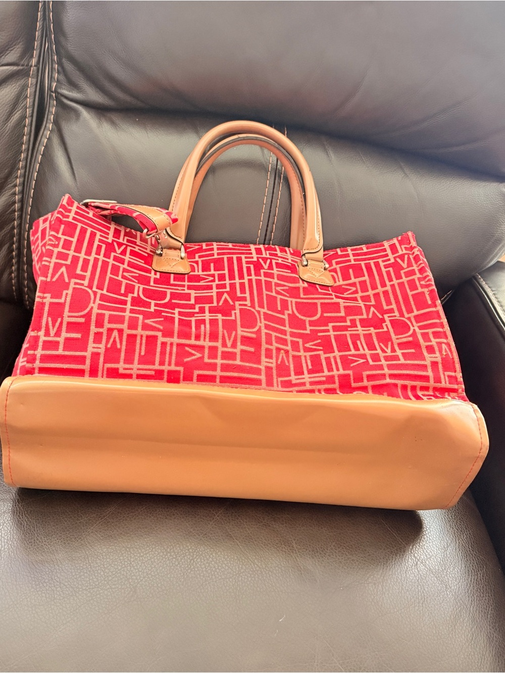 Diane Von Furstenberg Tote Bag Large Red Monogram Weekend Travel Canvas Leather - Picture 7 of 10